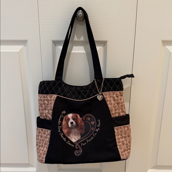 Bradford Exchange Cavalier King Charles Quilted Tote Bag Paw Prints on My Heart - Picture 1 of 9